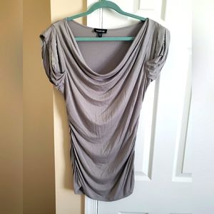 Bebe Gray Boatneck Drop Long Top With Silver Sequins In Shoulders- M